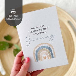 Tarjeta imprimible para el primer día de la madre, abuela, arcoíris bohemio azul. Tarjeta de felicitación para la primera abuela, regalo de bebé. DESCARGA INSTANTÁNEA. R03