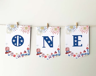 One 4th of July Banner, printable high chair bunting | 1st Birthday sign baby photo prop party decor | Independence Day INSTANT DOWNLOAD A01