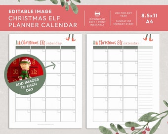 Christmas Elf Editable Calendar Planner Printable (edit images + text), 2 pages | Xmas Holiday organizer schedule INSTANT DOWNLOAD C07