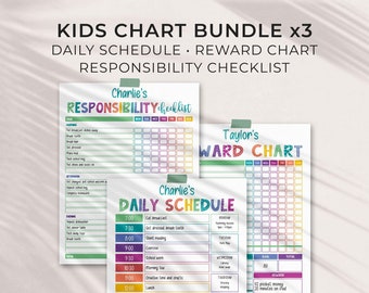 Rainbow Editable Chart Bundle for Kids: Daily Schedule, Reward Chart, Responsibility Checklist Printable Weekly Routine INSTANT DOWNLOAD C01