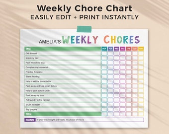 Rainbow Chore Chart for Kids, editable printable | Daily + Weekly responsibility routine, reward template boy or girl | INSTANT DOWNLOAD C01