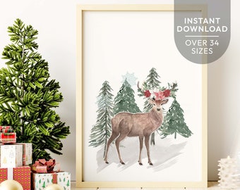 Christmas Farmhouse Printable Holiday Sign Decor | Watercolour Forest Deer wall art print, vintage Christmas decor printable download C02