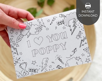 Love You Poppy Printable Coloring Father's Day Card | DIY kids classroom craft activity gift for grandfather, dad gift INSTANT DOWNLOAD F01