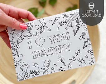 Love You Daddy Printable Coloring Father's Day Card | DIY kids classroom craft activity gift for dad, Fathers Day gift INSTANT DOWNLOAD F01