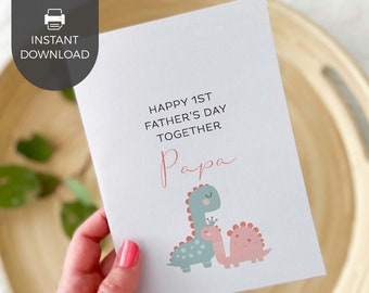 Happy 1st Father's Day Papa printable card, pink princess dinosaur | Girl first born gift from baby for Grandfather INSTANT DOWNLOAD D06