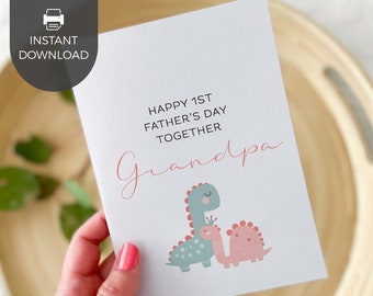 Happy 1st Father's Day Grandpa printable card, pink princess dinosaur | Girl first born gift from baby for Grandfather INSTANT DOWNLOAD D06