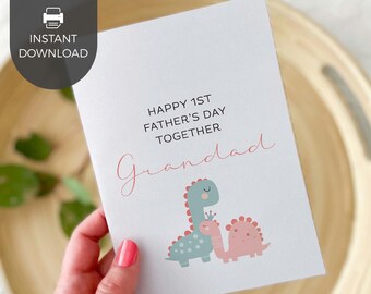 Happy 1st Father's Day Grandad printable card, pink princess dinosaur | Girl first born gift from baby for Grandfather INSTANT DOWNLOAD D06