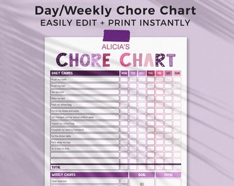 Purple Pink Chore Chart for Kids editable printable | Girls daily, weekly responsibility routine, goals reward template INSTANT DOWNLOAD P01