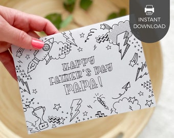 Happy Father's Day Papa Printable Coloring Card | DIY kids classroom craft activity gift for grandfather, superhero INSTANT DOWNLOAD F01
