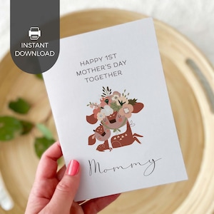 Biglietto d'auguri stampabile per la festa della mamma, boho floreale con un cerbiatto e una mamma / Biglietto d'auguri per la mamma del primogenito, regalo da parte del bambino. DOWNLOAD IMMEDIATO D03