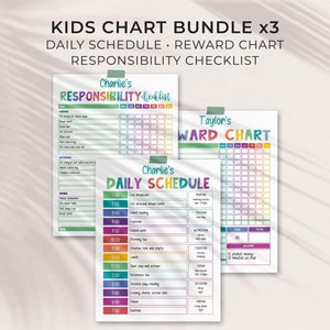 Rainbow Editable Chart Bundle for Kids: Daily Schedule, Reward Chart, Responsibility Checklist Printable Weekly Routine INSTANT DOWNLOAD C01 image 1