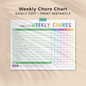 Rainbow Chore Chart for Kids, editable printable | Daily + Weekly responsibility routine, reward template boy or girl | INSTANT DOWNLOAD C01