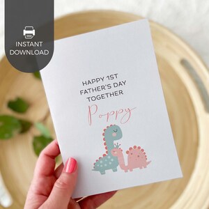 Glücklicher 1. Vatertag Mohn druckbare Karte, rosa Prinzessin Dinosaurier | Erstgeborenes Geschenk des Mädchens vom Baby für Großvater INSTANT DOWNLOAD D06