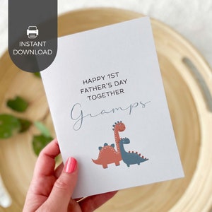 Glücklicher 1. Vatertagsgramps druckbare Grußkarte, blauer Dinosaurier | Junge Erstgeborenen Geschenk vom Baby für Großvater, INSTANT DOWNLOAD D05