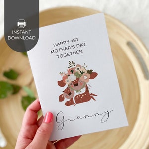 Tarjeta de felicitación imprimible para el primer día de la madre, diseño de ciervo bebé con flores bohemias. Regalo para la primera abuela. DESCARGA INSTANTÁNEA. D03
