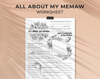 All About Memaw Mother's Day printable gift questionnaire | Fill in the blank Memaw gift, DIY kids classroom activity, INSTANT DOWNLOAD M01
