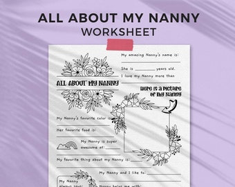 All About Nanny Mother's Day printable gift questionnaire | Fill in the blank Nanny gift, DIY kids classroom activity, INSTANT DOWNLOAD M01