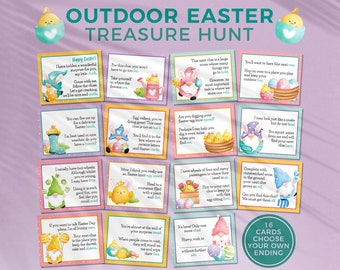 Gnome Outdoor Easter Treasure Hunt printable scavenger egg hunt cards for kids | Easter treasure hunt clues activity INSTANT DOWNLOAD E04