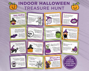 Indoor Halloween Scavenger Hunt Game for Kids, printable clue cards | Halloween trick or treat treasure hunt activity INSTANT DOWNLOAD H03