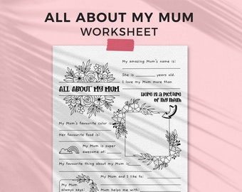 All About Mum Mother's Day printable gift questionnaire | Fill in the blank Mothers Day gift, kids classroom activity, INSTANT DOWNLOAD M01