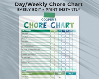 Green Blue Chore Chart for Kids, editable printable | Boys daily + weekly responsibility routine, goals reward template INSTANT DOWNLOAD B01