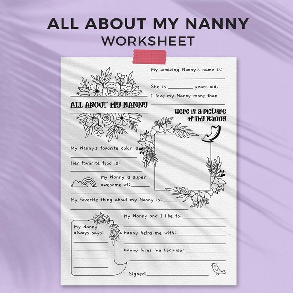 All About Nanny Mother's Day printable gift questionnaire | Fill in the blank Nanny gift, DIY kids classroom activity, INSTANT DOWNLOAD M01