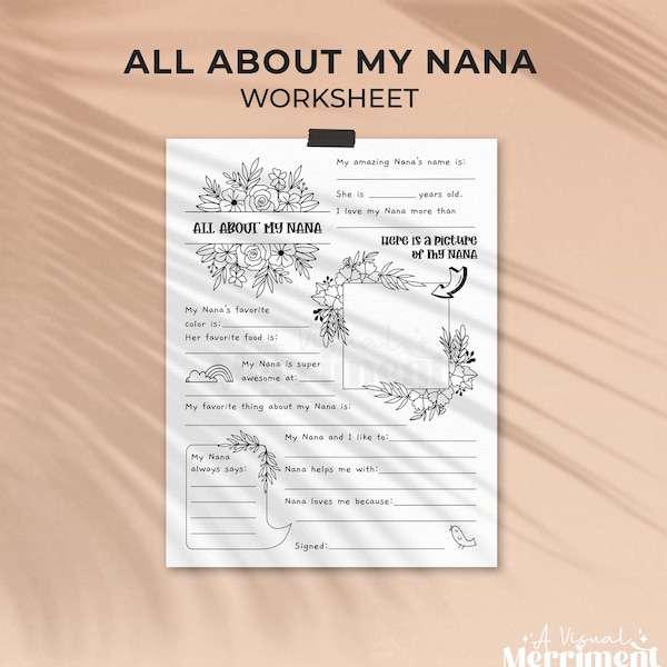 All About Nana Mother's Day printable gift questionnaire | Fill in the blank Nan gift, DIY kids classroom activity, INSTANT DOWNLOAD M01