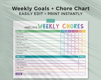 Rainbow Chore Chart for Kids, editable printable | Weekly daily responsibility routine with goals, reward template | INSTANT DOWNLOAD C01