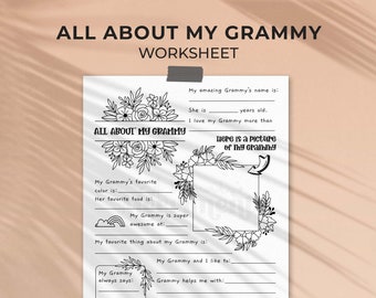 All About Grammy Mother's Day printable gift questionnaire | Fill in the blank Grams gift, DIY kids classroom activity INSTANT DOWNLOAD M01