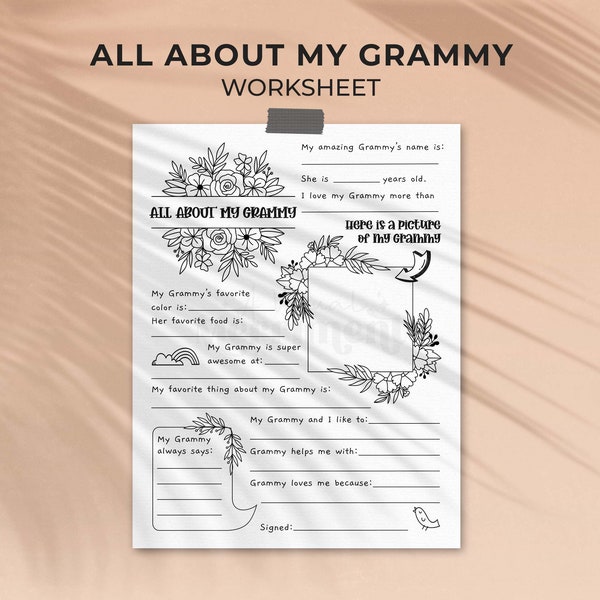 All About Grammy Mother's Day printable gift questionnaire | Fill in the blank Grams gift, DIY kids classroom activity INSTANT DOWNLOAD M01