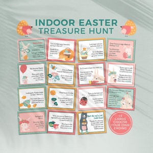 Tarjetas de búsqueda de huevos del tesoro para imprimir en interiores para niños / Pistas de búsqueda del tesoro de Pascua + actividad de acertijo DESCARGA INMEDIATA E01