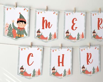 Merry Christmas Christmas Elf Printable Party Banner | Modern elf sign arrival flag bunting, Elf antics idea photo prop INSTANT DOWNLOAD C07