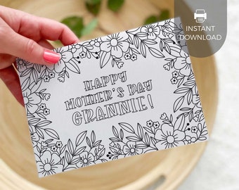 Printable Coloring Grannie Greeting Card | Flower Mother's Day gift for grandmother, DIY kids classroom activity craft, INSTANT DOWNLOAD M01