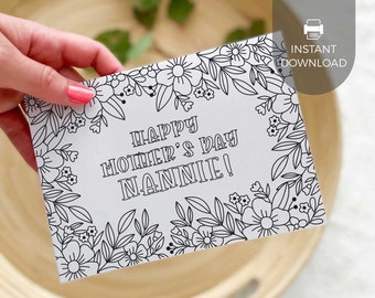 Printable Coloring Nannie Greeting Card | Flower Mother's Day gift for grandmother, DIY kids classroom activity craft, INSTANT DOWNLOAD M01