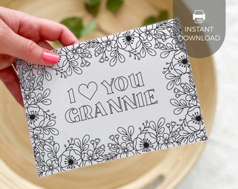 Love You Grannie Printable Coloring Card | Flower Mother's Day gift for grandmother, DIY kids classroom craft activity INSTANT DOWNLOAD M01