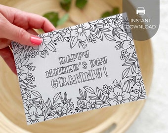 Printable Coloring Grammy Greeting Card | Flower Mother's Day gift for grandmother, DIY kids classroom activity craft, INSTANT DOWNLOAD M01