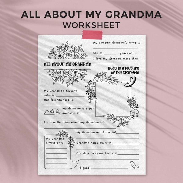 All About Grandma Mother's Day printable gift questionnaire | Fill in the blank grandmother kids classroom activity, INSTANT DOWNLOAD M01
