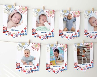 4th of July First Birthday Photo Banner Template, editable printable | Baby's 1st Year Milestone Cards, Patriotic Party INSTANT DOWNLOAD A01