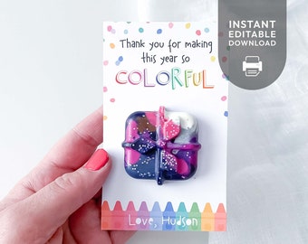 Editable Printable Crayon Card, Thank You for Making This Year Colorful | Teacher friend student appreciation gift tag INSTANT DOWNLOAD S04