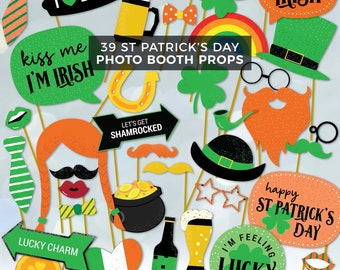 St Patrick's Day Photo Booth Props, printable Irish party decor | Saint Patty's drinking, leprechaun, green photobooth instant download I01