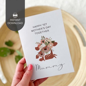 Tarjeta imprimible para el primer día de la madre, diseño bohemio floral con ciervos y mamá, tarjeta de felicitación para el primer nacimiento de mamá, regalo para bebé, descarga instantánea, D03