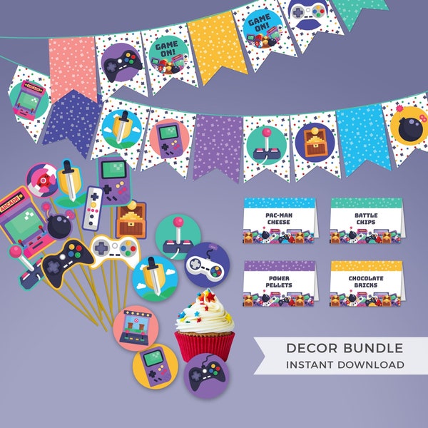 Gamer Party editable decor bundle | Retro arcade video gaming Birthday instant download | Bunting, Cake Topper, Photo Props, Food Tents G01