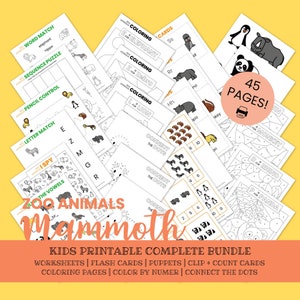 Kids Zoo Animals COMPLETE BUNDEL 45 pg: kaarten, poppen, tellen, verschillende werkbladen, kleurplaten, verbind de stippen + meer Z01