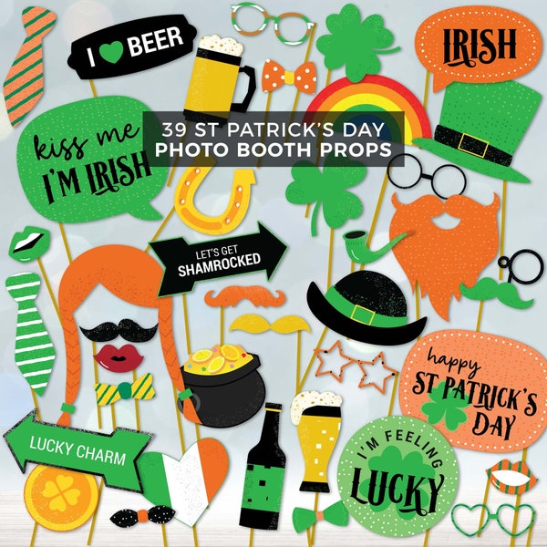 St Patrick's Day Photo Booth Props, printable Irish party decor | Saint Patty's drinking, leprechaun, green photobooth instant download I01