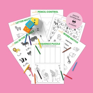 FOLHAS DE EXERCÍCIOS sobre Animais do Zoológico Infantil | Eu Espio, Quebra-cabeça de Sequência, Combinação de Palavras e Letras, Controle de Lápis, Preencha as Vogais | Aprendizagem de Animais do Safári Z01