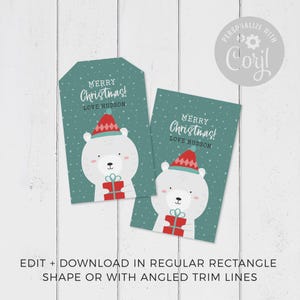 Christmas Gift Tag Printable Bear, editable instant download | Cute animal favor school friend classmate teacher | Custom DIY template W01 image 2