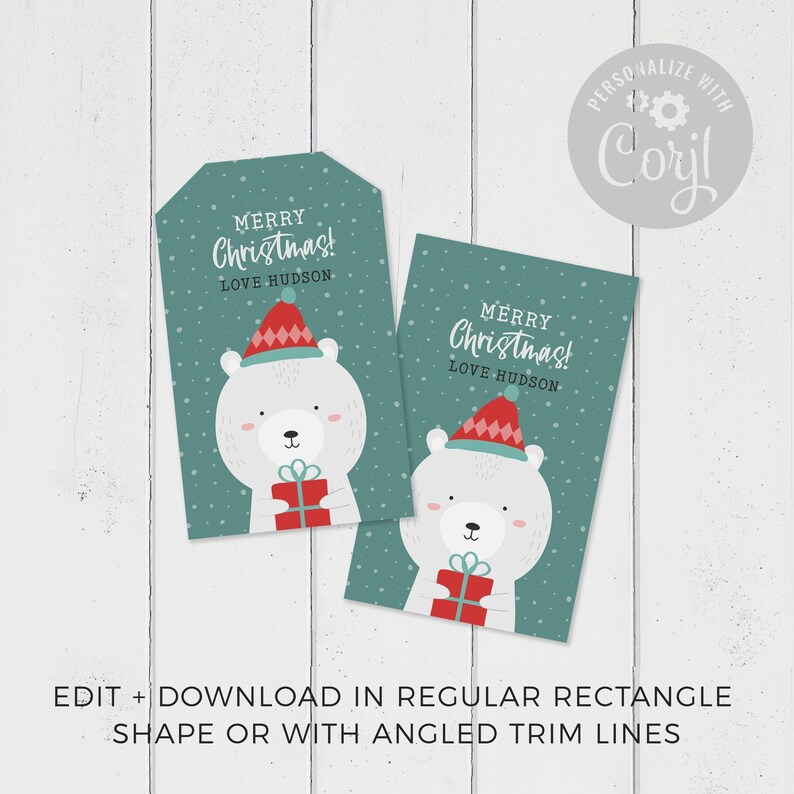 Christmas Gift Tag Printable Bear, editable instant download | Cute animal favor school friend classmate teacher | Custom DIY template W01 image 2
