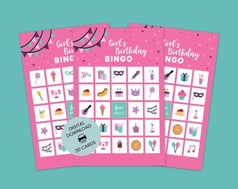 Printable Pink Birthday Bingo Game | 30 Players | Girl princess party activity for kids