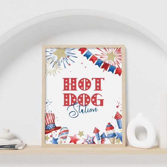 4th of July Party Sign Hot Dog Station printable food table decor Patriotic Independence Day BBQ USA block party instant download A01 by Studio Merriment Catch My Party