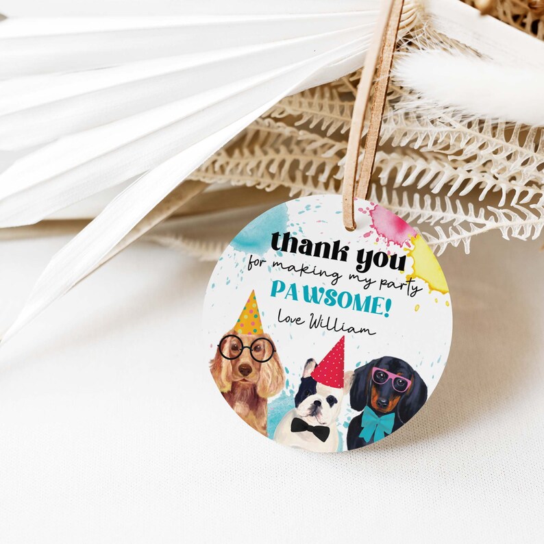 Editable Dog Party Favor Tag, Dachshund puppy pawty printable gift tag Round Birthday thank you card, DIY template, instant download D02 image 3